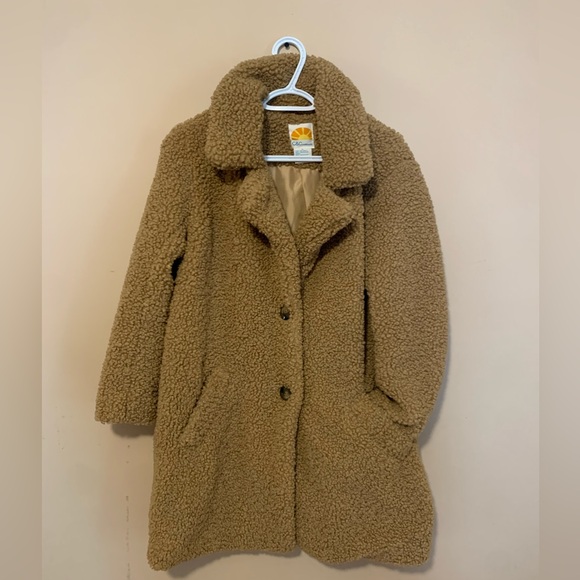 C&C California vintage brown tan double button long teddy jacket pea coat - Picture 10 of 13